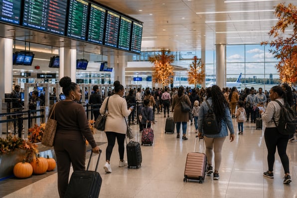 business woman in busy airport